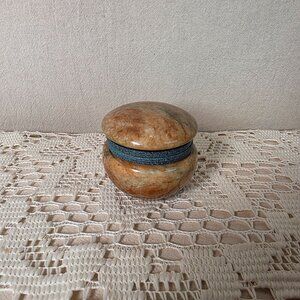 Vintage Italian Pier 1 Imports Alabaster Trinket Box Hinged Lid Blue Accent 2" D